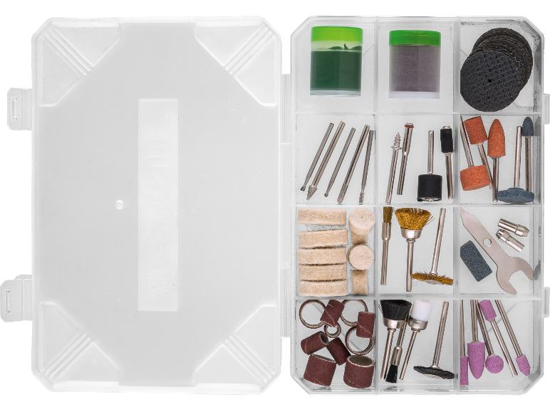 Rotary tool accessory kit with drill bits, cutting and polishing discs in a box.