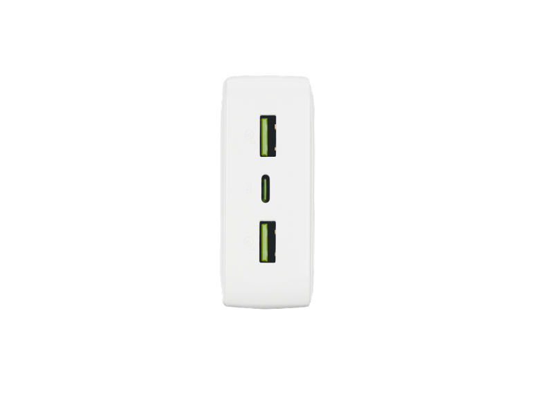 White charger with two USB-A and one USB-C port.