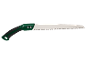 Pruning hand saw with a green handle and a serrated blade.