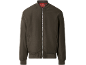 Men's dark green bomber jacket with a red plaid lining and a silver zipper.