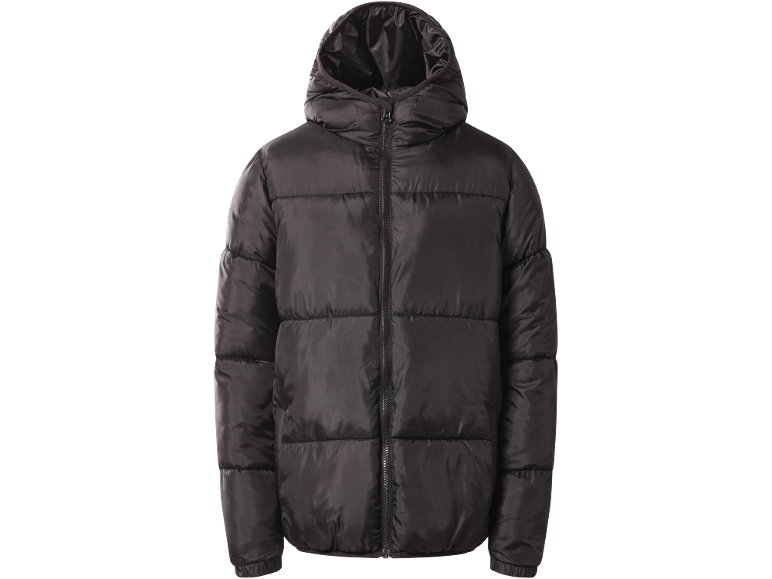 Black hooded puffer jacket with a front zipper.