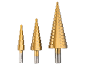 Set of three golden step drills with size markings from 4 to 32 mm.