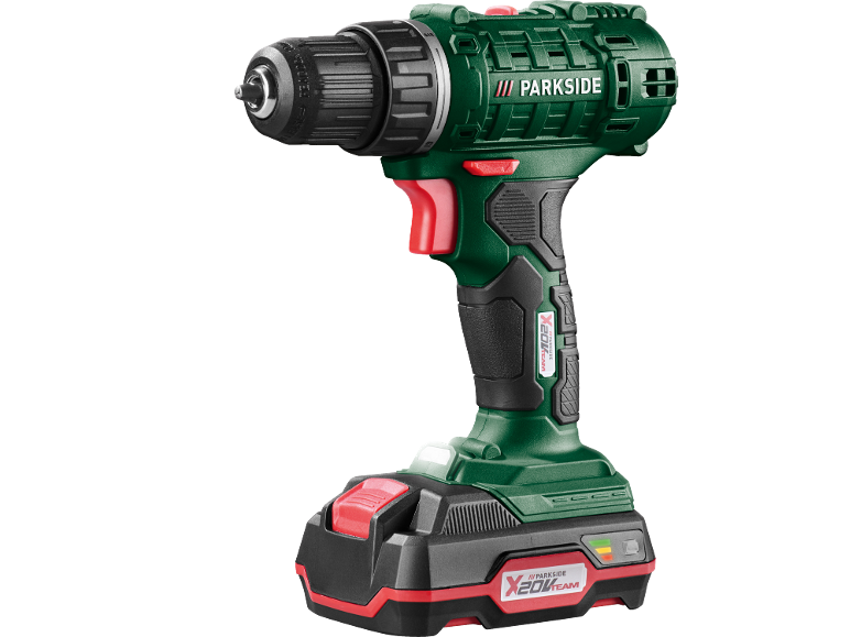 Green cordless drill with black and red accents.