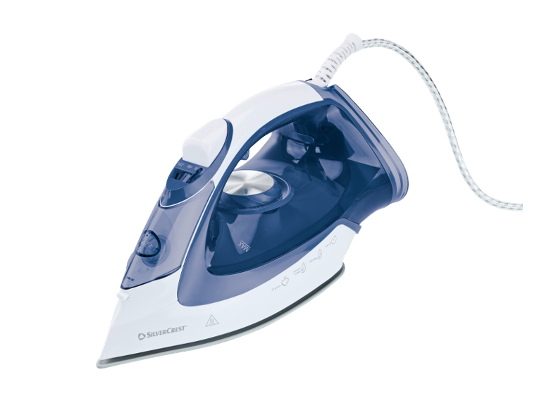 White and blue steam iron with a cord, featuring function indicators and a max water level.