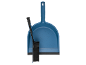 Blue dustpan and black brush for cleaning.