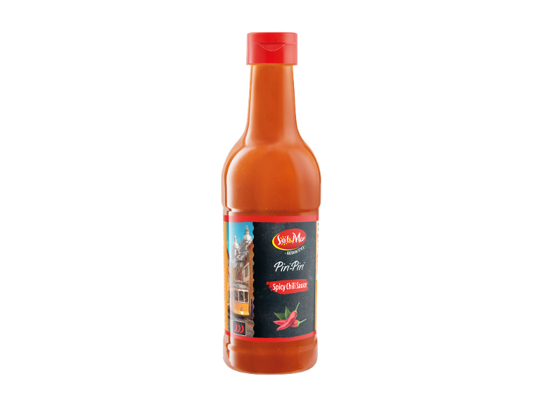 Bottle of spicy piri-piri sauce, Iberian style, with a label depicting a tram.