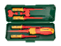 An open green case displays a set of insulated screwdrivers and a handle, rated 1000V.