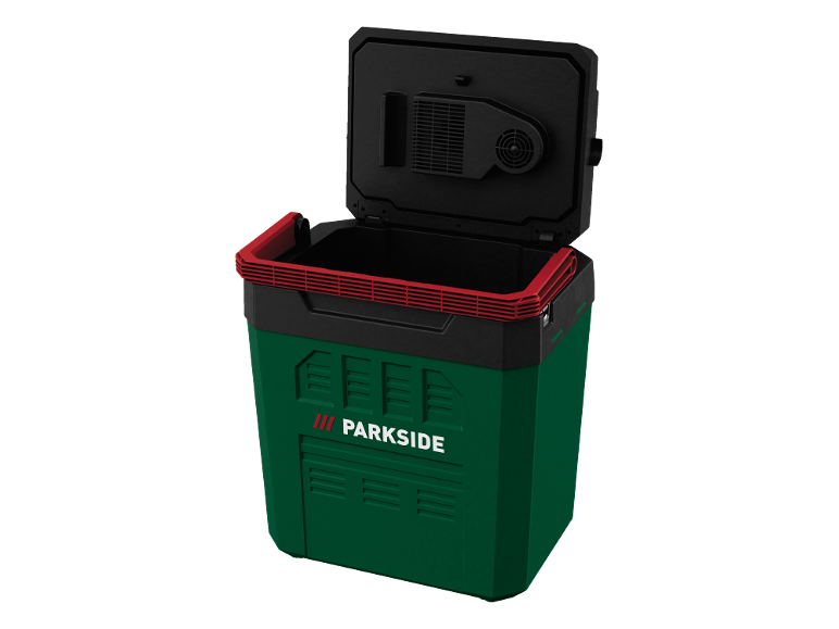 Green and black portable cooler with open lid, red details, and a fan.