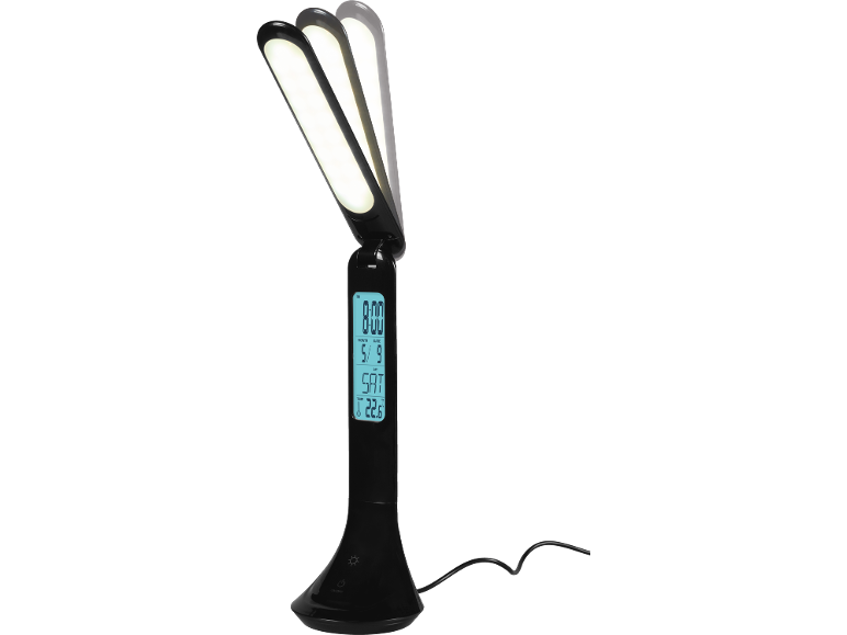 Black LED desk lamp with a digital display showing time, date, and temperature.