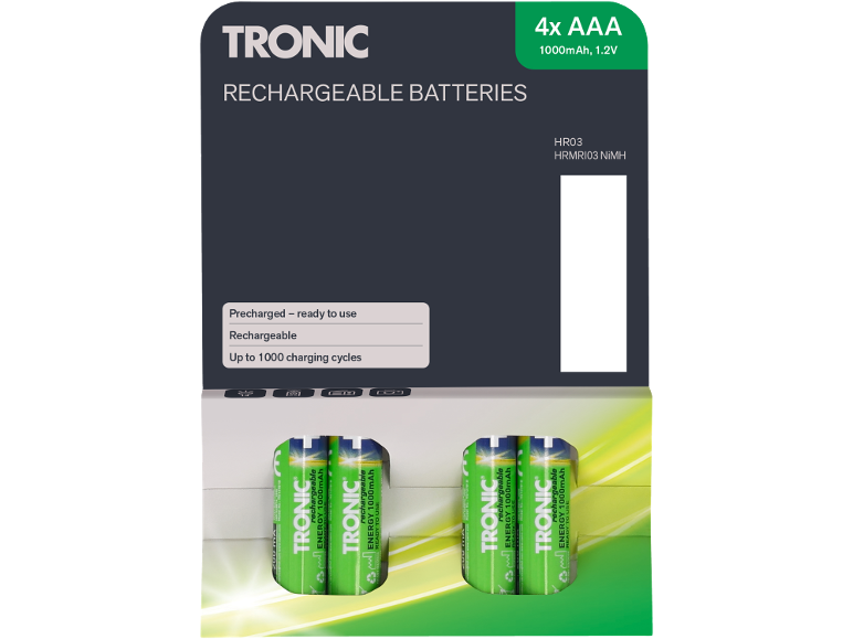 Rechargeable AAA battery 1000 mAh, 1.2 V, precharged and ready to use.