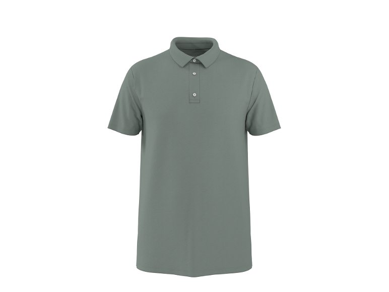 Men's khaki short-sleeved polo shirt with three buttons.
