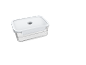 Transparent rectangular food container with a white lid and a vacuum valve.