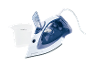 Steam iron in white and blue with a measuring cup for water.