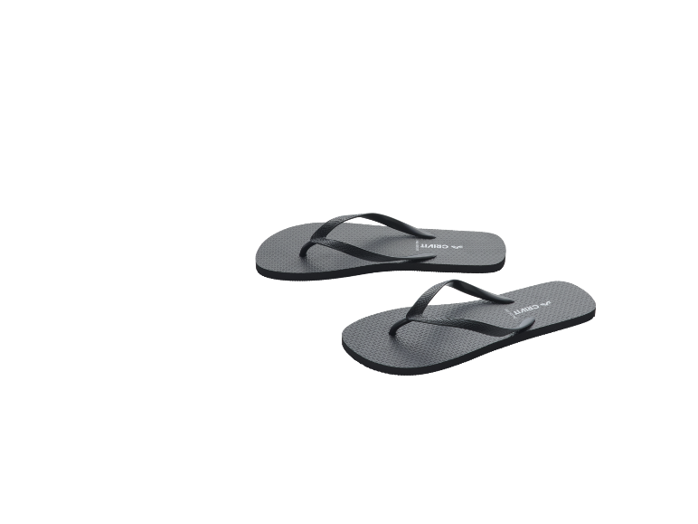 A pair of grey flip-flops with textured soles, positioned at an angle.
