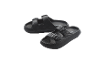 Two black double-strap slide sandals with textured soles.