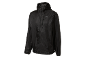 Black rain jacket with a hood and zipper, featuring a small logo on the chest.