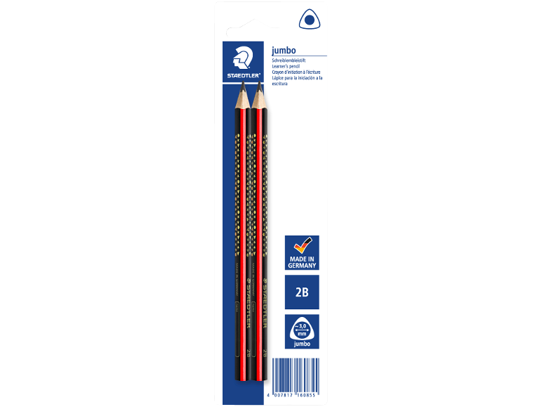 Two black learner's pencils with red stripes and gold patterns, 2B hardness, made in Germany.