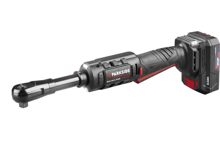 Cordless electric ratchet wrench with a 2.0Ah battery, in black and red colors.