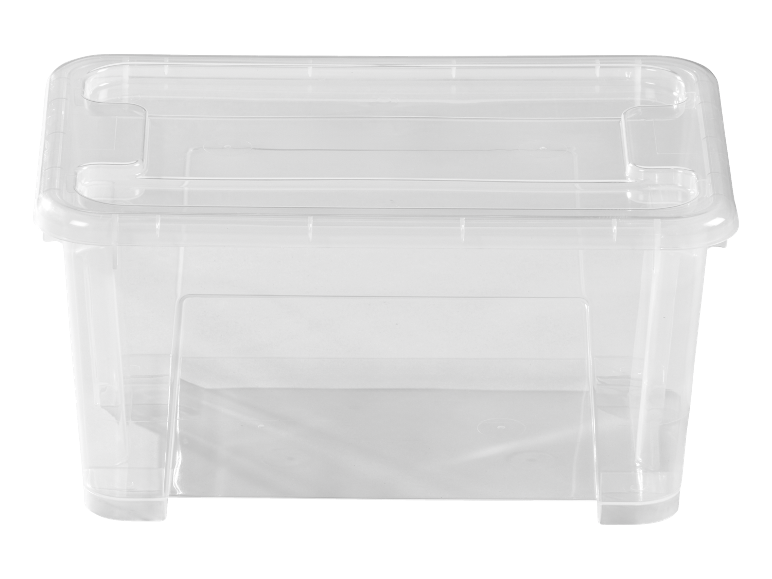 Clear plastic storage box with a lid.