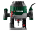 Green and gray router with red accents on a black background.