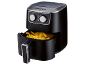 Black air fryer with french fries, temperature and timer controls