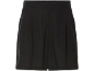 Black shorts with pleats and an elastic waistband.