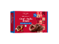Red packaging of chocolate-covered gingerbread cookies in heart, star, and pretzel shapes.