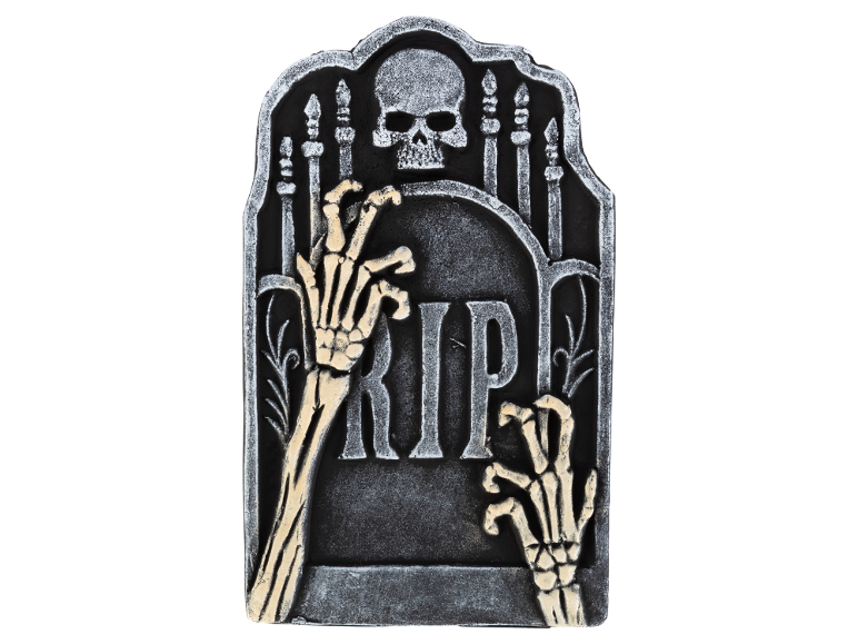 Halloween tombstone with skeletal hands, a skull, and 'RIP' text.