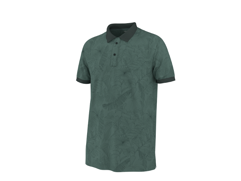 Men's green polo shirt with a subtle leaf pattern and dark collar and cuffs.