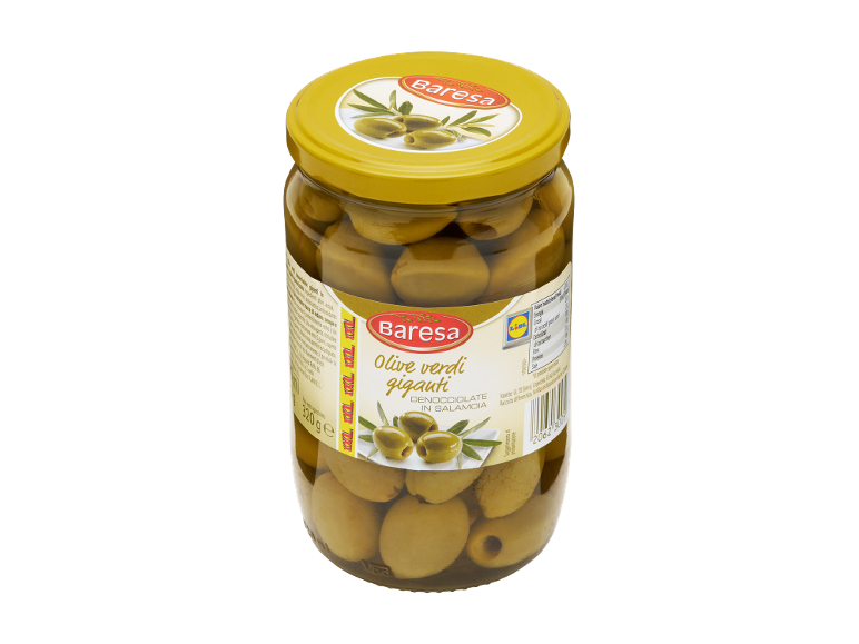 Jar of giant green pitted olives in brine, 320 g.