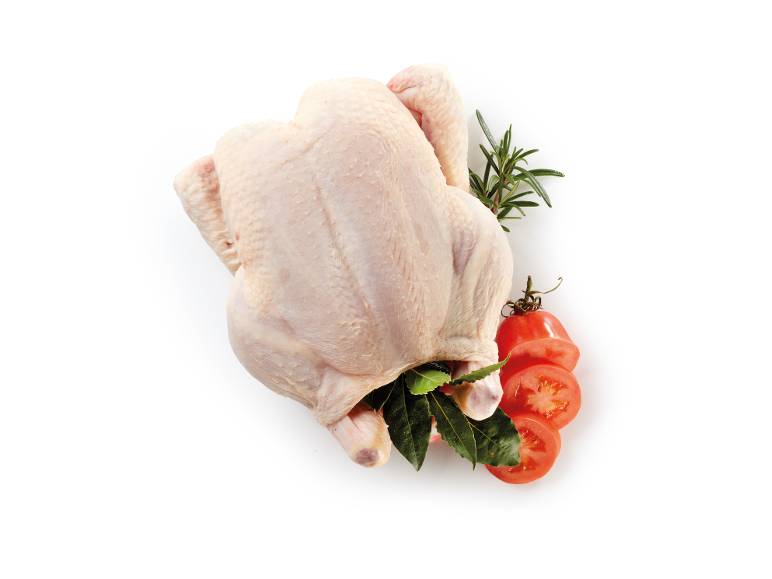 Raw whole chicken with rosemary, bay leaves, garlic, and tomatoes