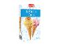 Packaging of 8 waffle cones with vanilla and strawberry ice cream.