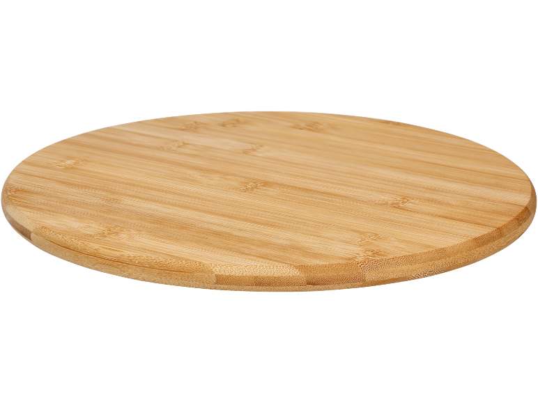 Round bamboo cutting board with visible wood grain.