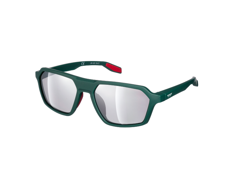 Green sports sunglasses with silver mirrored lenses and red details.