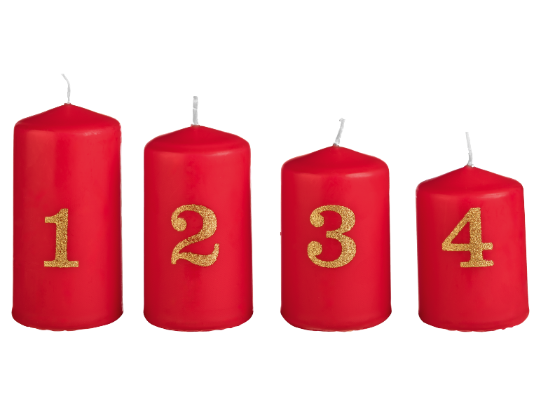 Four red Advent candles with golden glitter numbers 1, 2, 3, and 4.