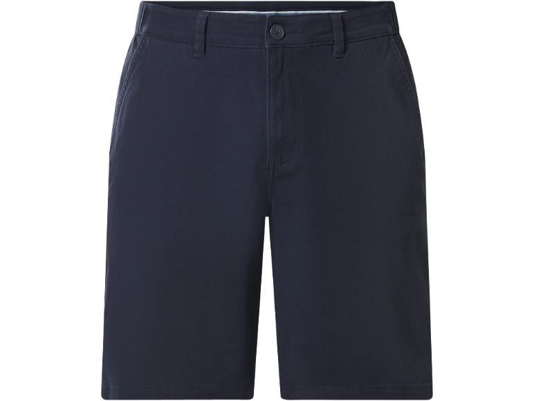 Navy blue shorts with side pockets and a button at the waist.
