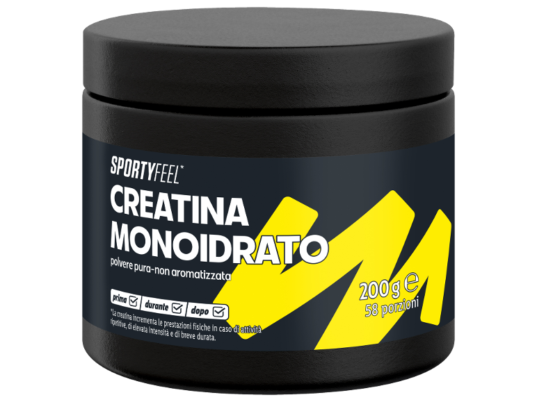Black container of creatine monohydrate, 200g, 58 servings.