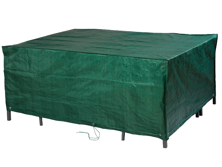 Green rectangular protective cover for outdoor furniture, with a drawstring at the bottom.