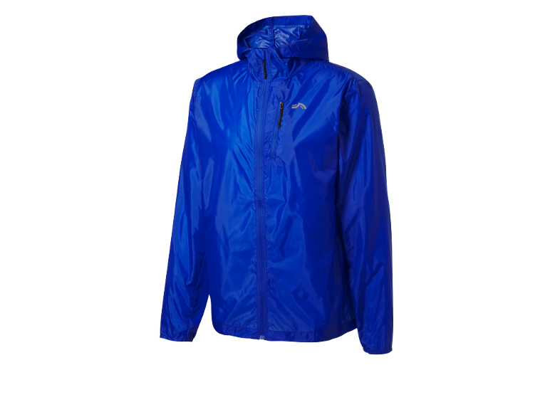 Blue rain jacket with a hood and front zipper.