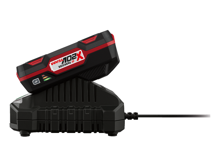 Tool battery charging on a charging station.