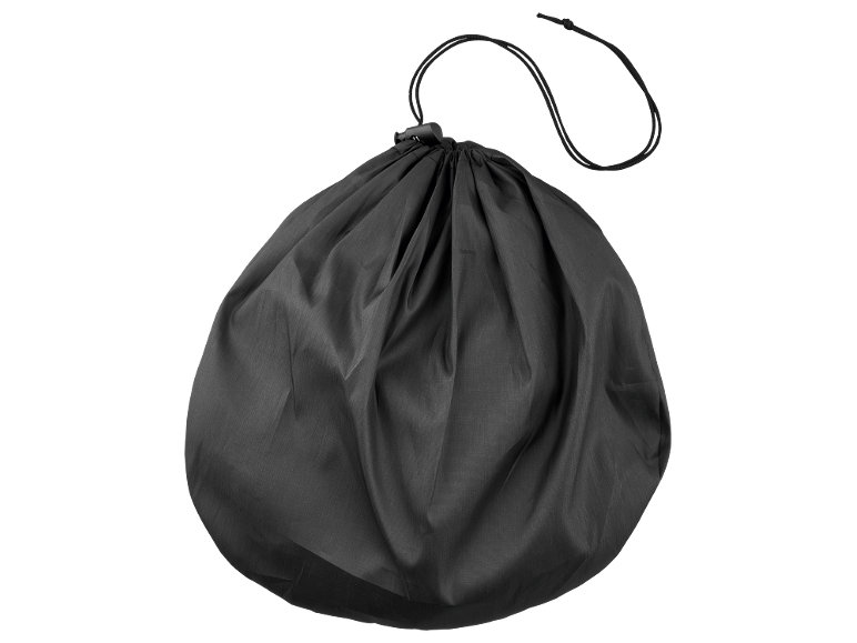 Black drawstring bag with adjustable closure, against a black background.