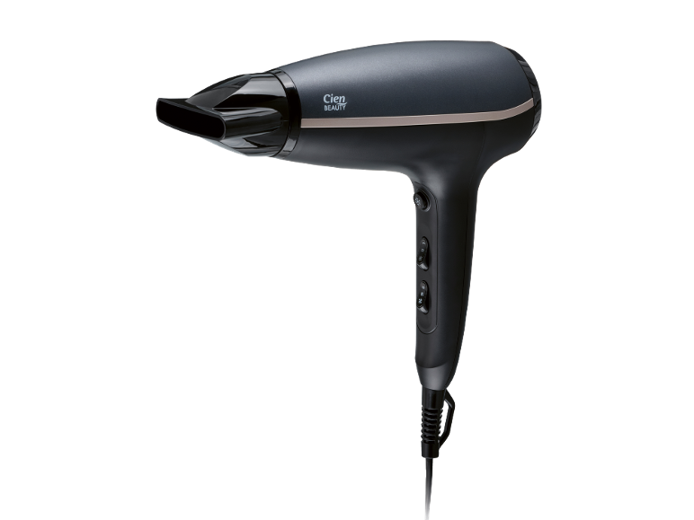 Black and grey hairdryer with a nozzle, temperature and speed controls.