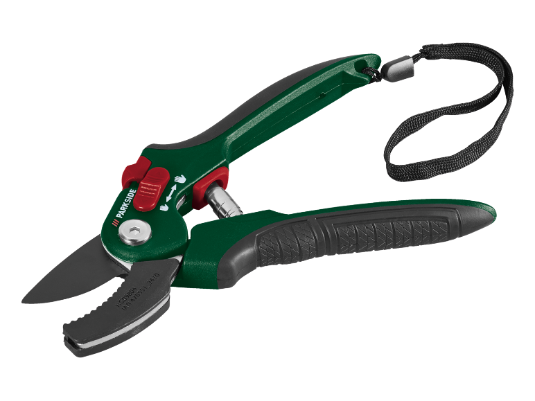 Garden pruning shears with green handles and a black strap.
