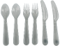 Set of white reusable plastic cutlery including spoons, forks, and knives.