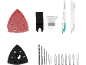 Assortment of power tool accessories including sanding pads, saw blades, drill bits, and screwdriver bits.