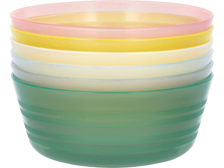 Stack of colorful plastic bowls in pastel shades of pink, yellow, cream, light blue, and green.