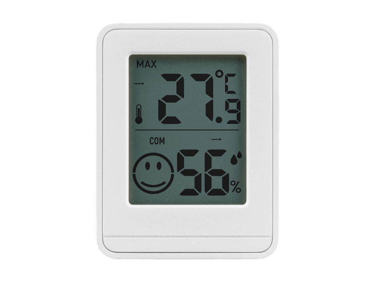 White digital thermometer and hygrometer with LCD screen, showing 27.9°C and 56% humidity.