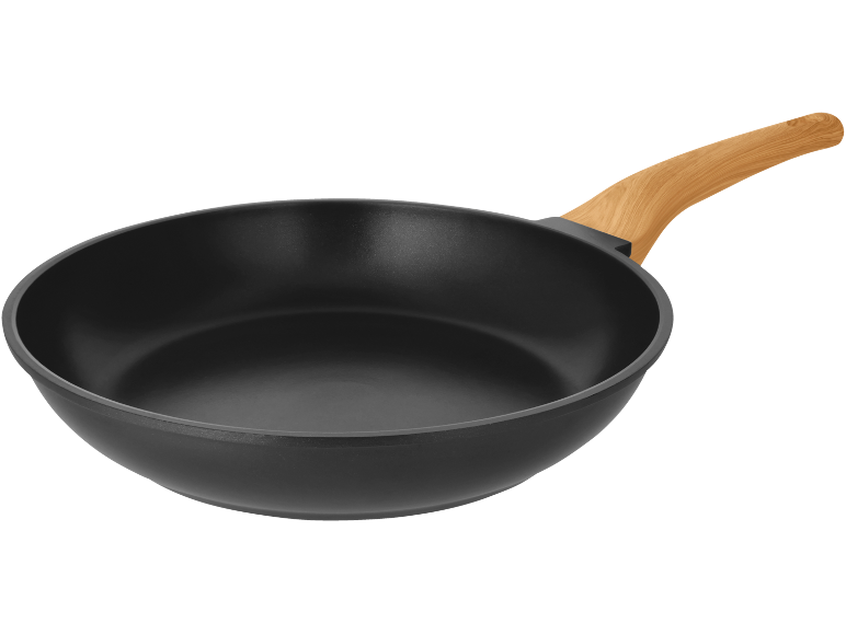 Non-stick frying pan with a wooden handle.