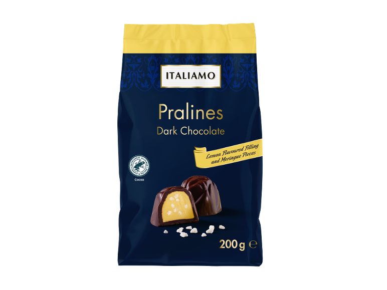 Bag of dark chocolate pralines with lemon flavoured filling and meringue pieces, 200g.