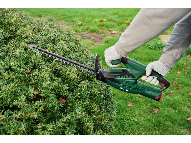 Green electric hedge trimmer trimming an evergreen hedge